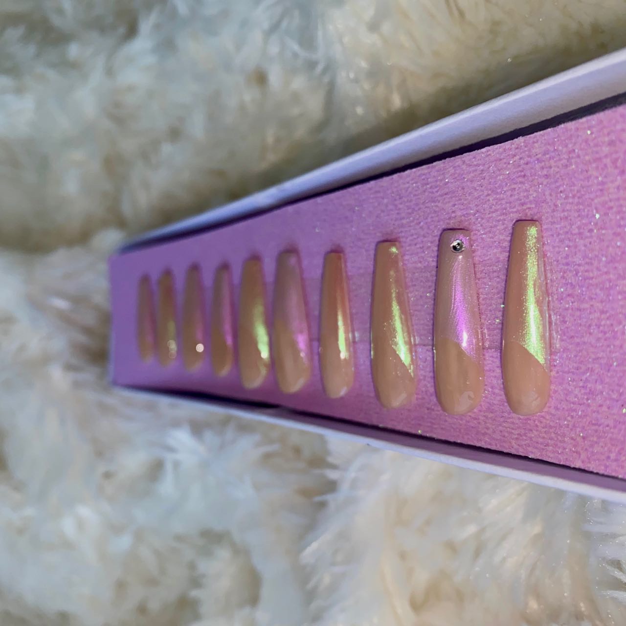 "Iridescent Frenchie" Iridescent Pink & Green French Tip Long Coffin Press-On Nails | Set T24