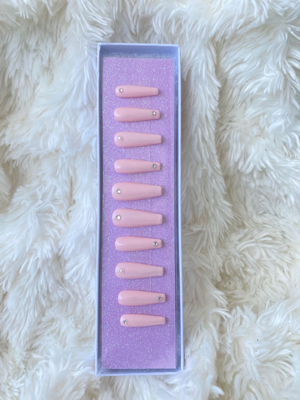 "Diamonds & Pearls " Long Pink Coffin Press On Nails  | Iridescent Underside! Set T22