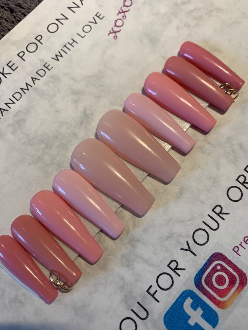 Long coffin   press on gel nails   pinks