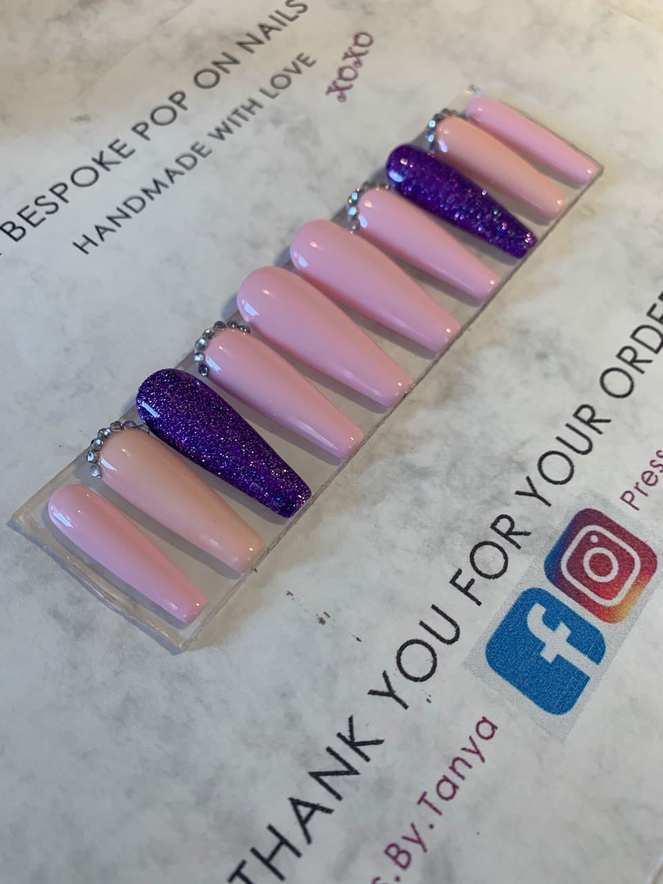 long coffin   press on gel nails   pink purple
