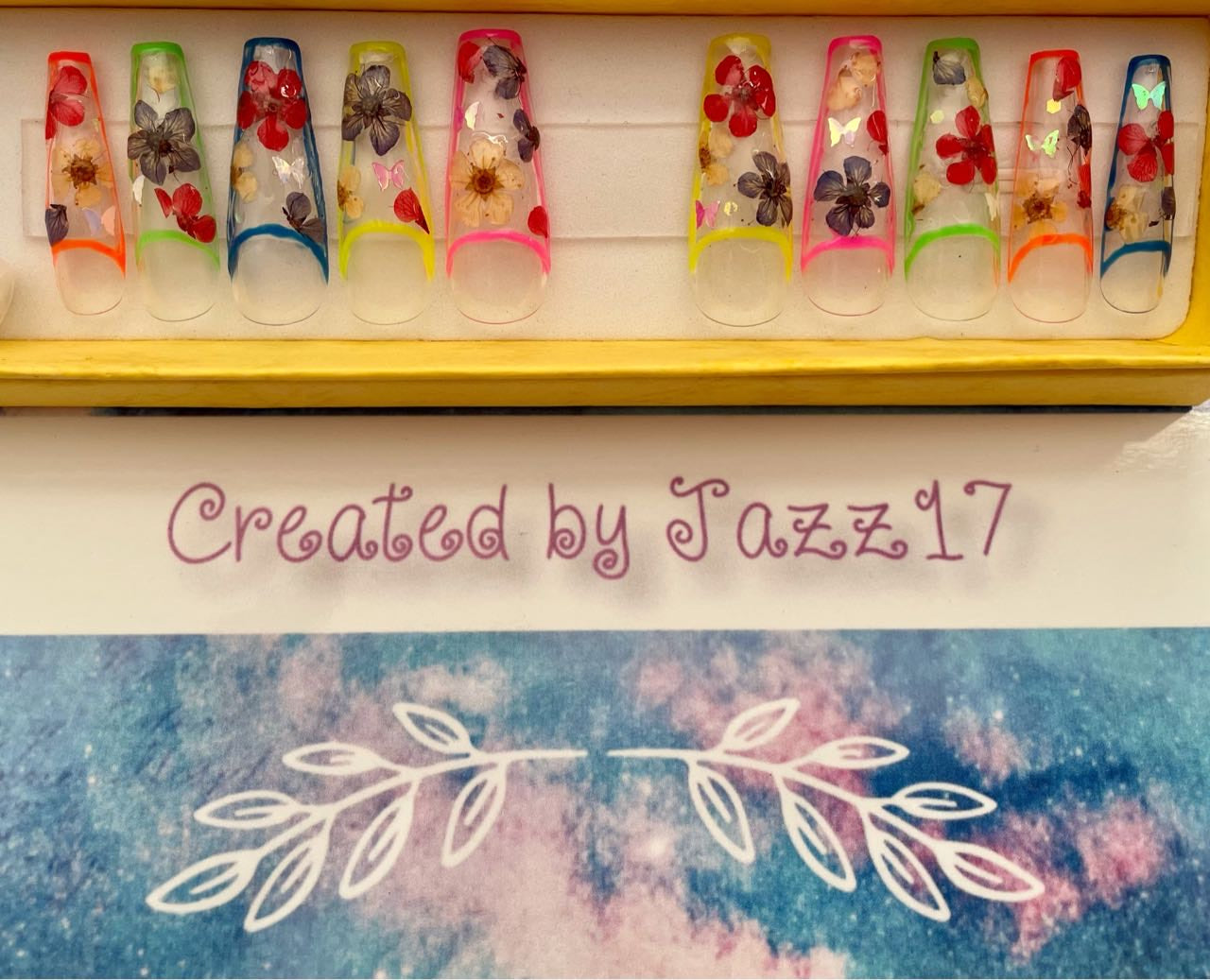 Colorful Floral Terrarium on Clear Press On Nails | Fake Nails | Glue On Nails | Stick On Nails
