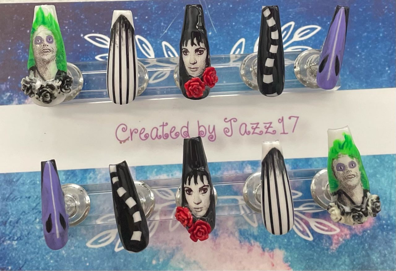 Beetlejuice Press On Nails | Halloween | Fake Nails | Glue On Nails | Stick On Nails