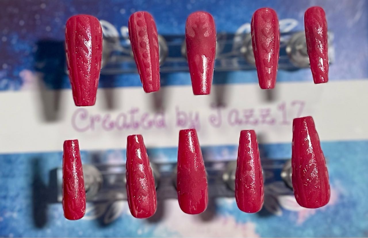 Sweater Weather Red Embossed Designed Press On Nails | Fake Nails | Glue On Nails | Stick On Nails