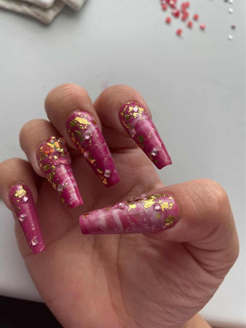 Fuschia Pink Gold Chips Marbled Press On Nails | Fake Nails | Glue On Nails | Stick On Nails