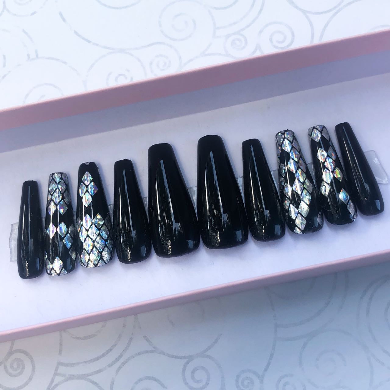 Black Nails With Snake Print Silver Holographic Accent