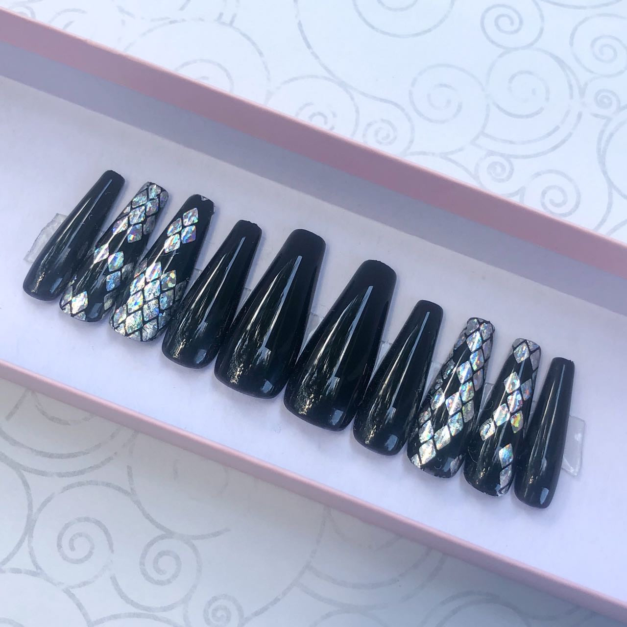 Black Nails With Snake Print Silver Holographic Accent