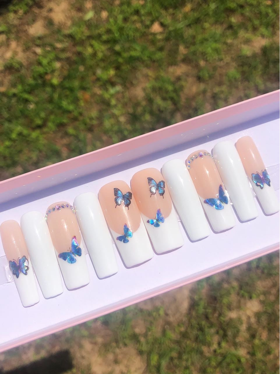 Blue Butterfly White French Tips with Bling