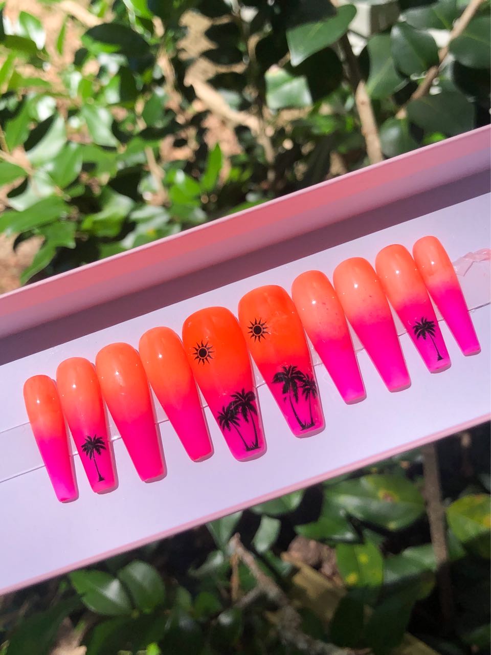 Neon Ombre Sunset Nails with Palm Trees
