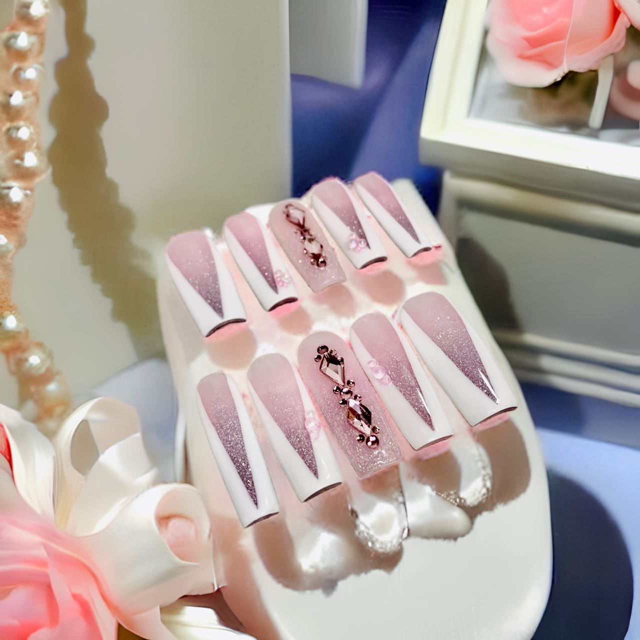 Pink White Rhinestone V Tip Nails