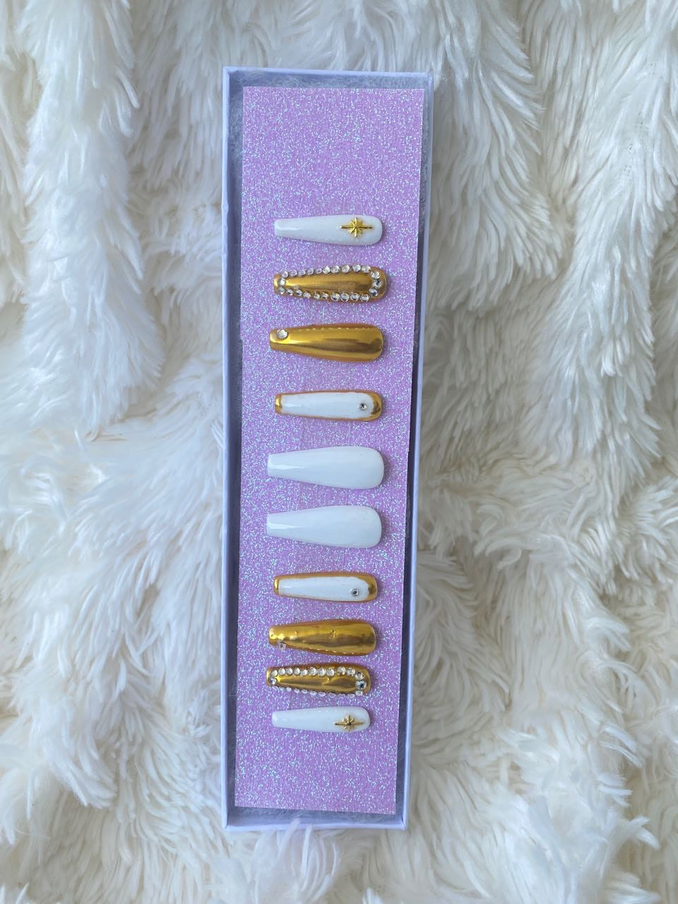 "Open Face" White and Gold Chrome Long Coffin Press-On Nails with Crystals | Set T26