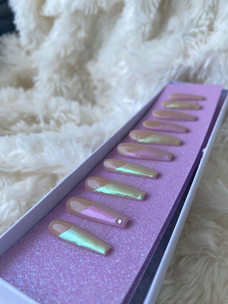 "Iridescent Frenchie" Iridescent Pink & Green French Tip Long Coffin Press-On Nails | Set T24