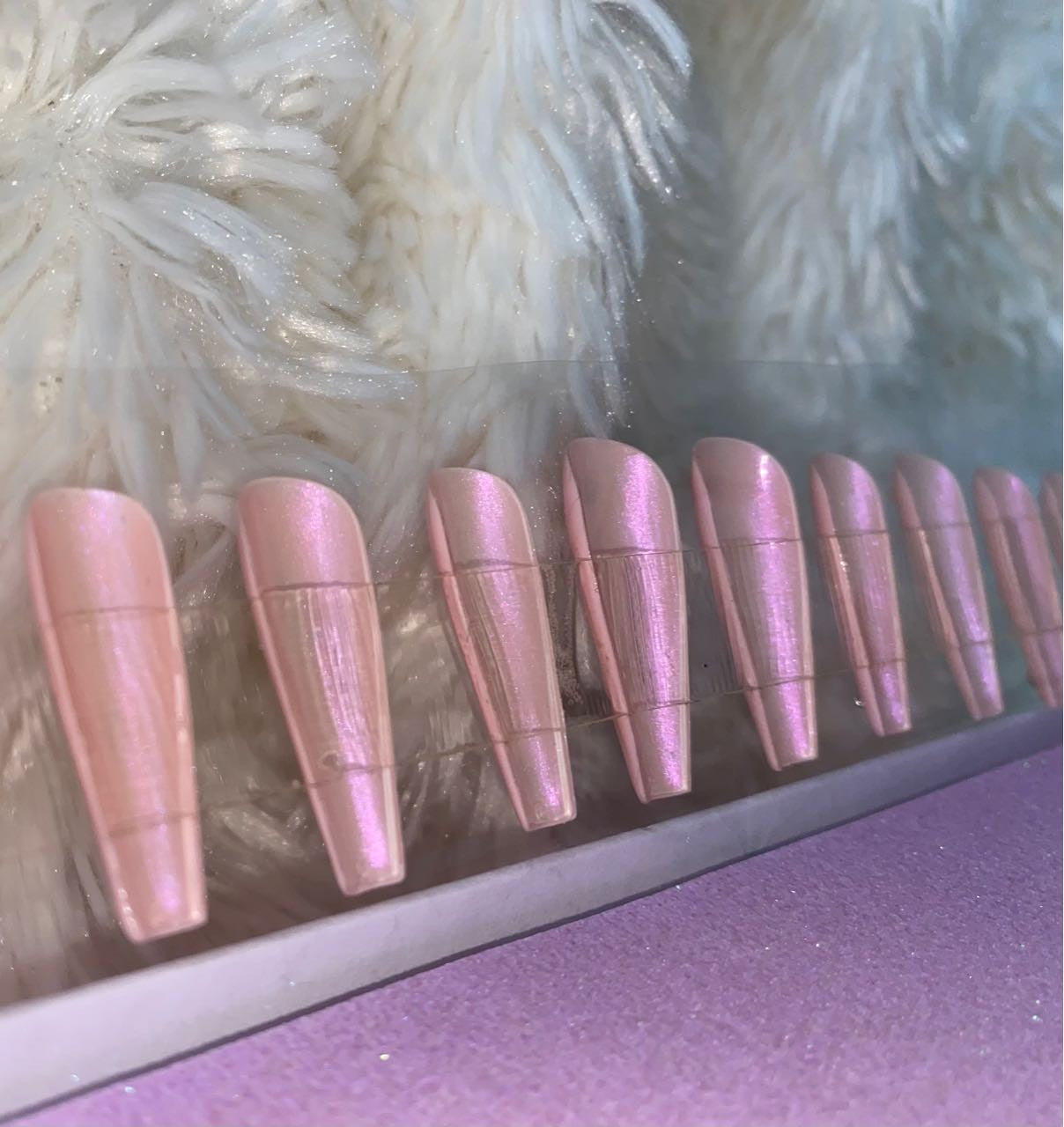 "Diamonds & Pearls " Long Pink Coffin Press On Nails  | Iridescent Underside! Set T22