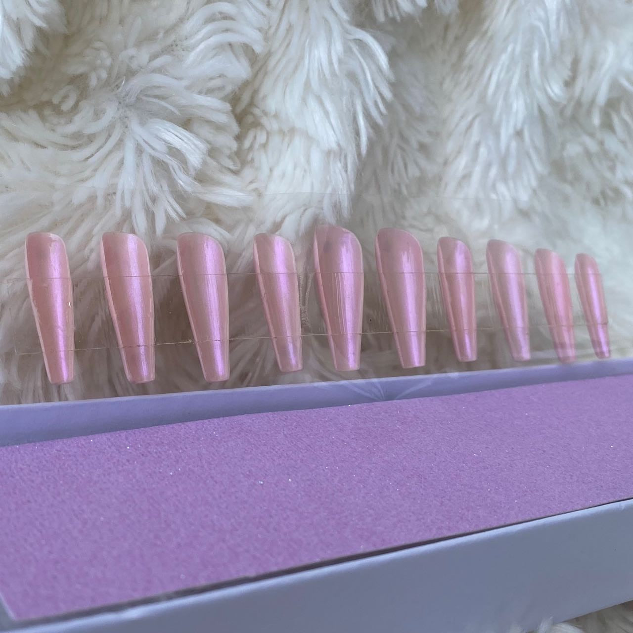 "Diamonds & Pearls " Long Pink Coffin Press On Nails  | Iridescent Underside! Set T22