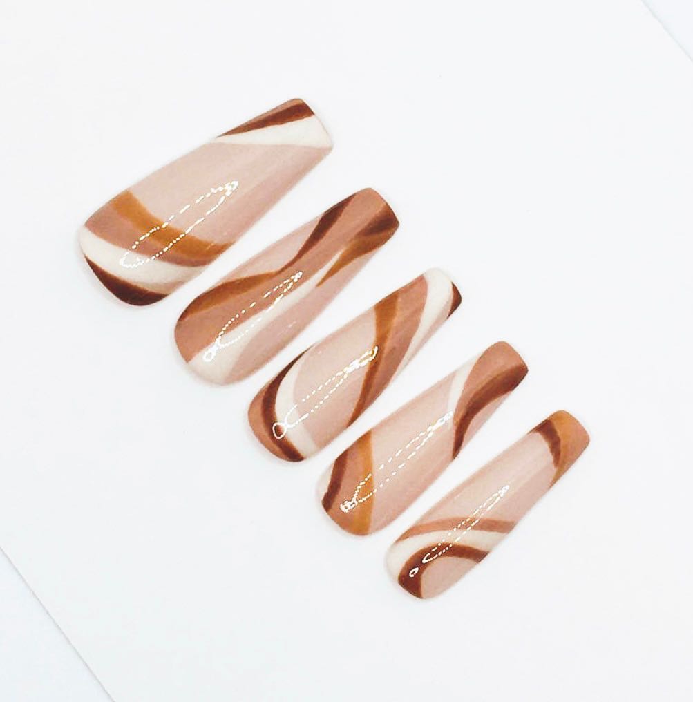 Brown Ultra Modern Abstract Coffin Press On Nails with Lines and Swirls