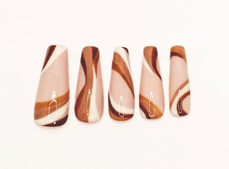 Brown Ultra Modern Abstract Coffin Press On Nails with Lines and Swirls