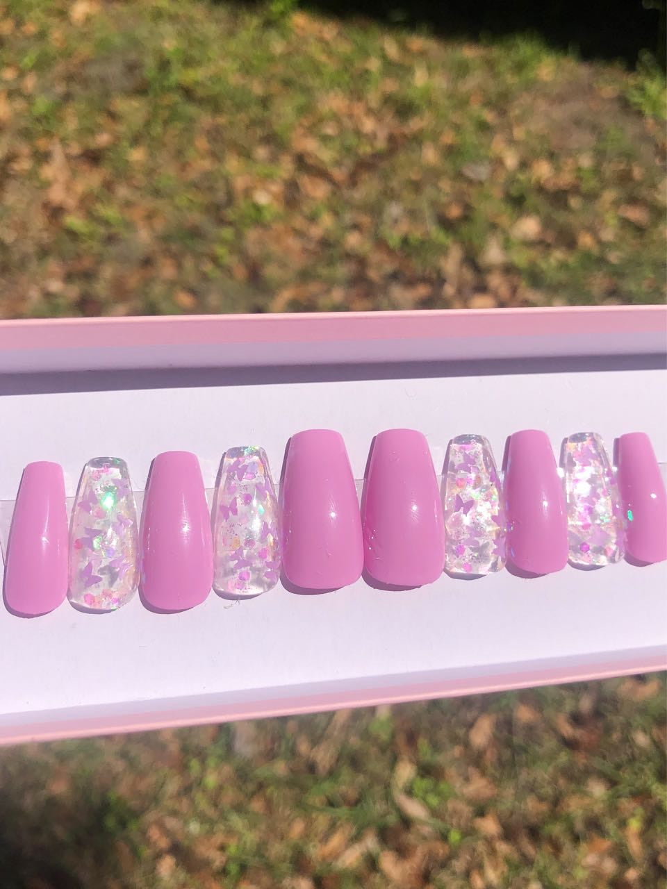 Purple set with transparent butterfly glitter nails