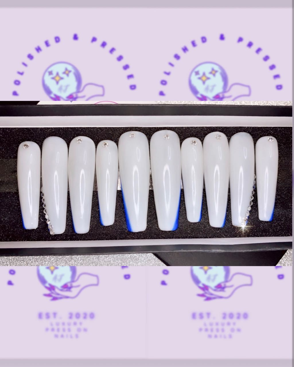 XL Coffin Milky White And Blue With Rhinestones