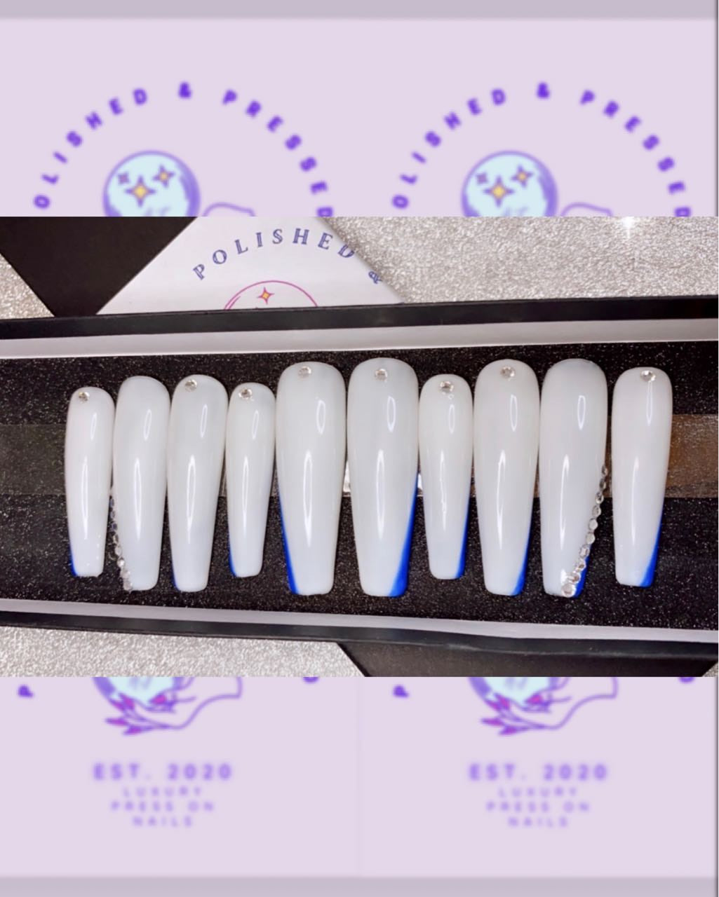 XL Coffin Milky White And Blue With Rhinestones