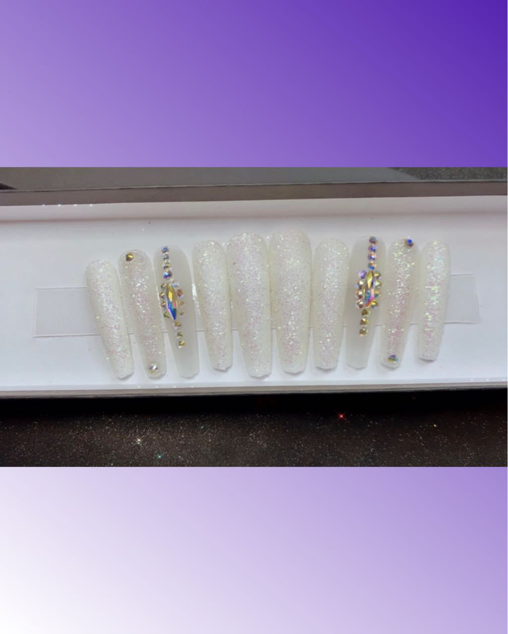 XL coffin white with glitter and Rhinestones
