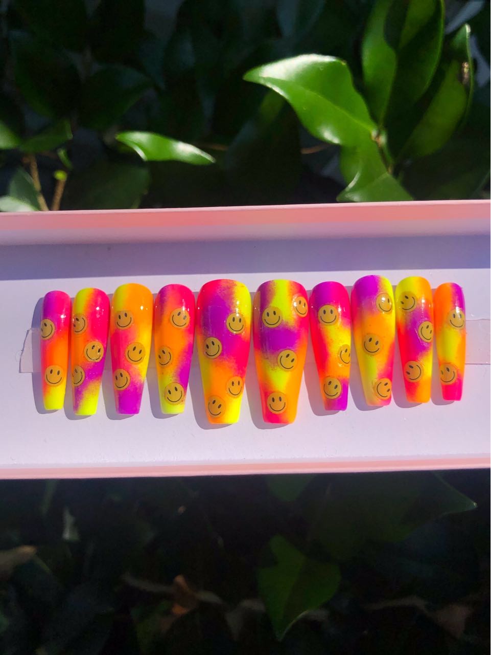 Bright Neon Tie Dye Smiley Face Nails