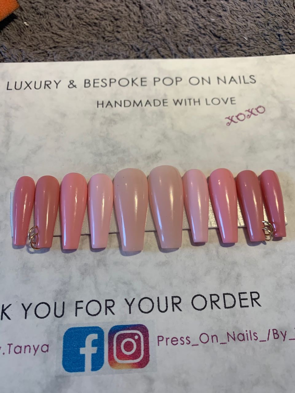 Long coffin   press on gel nails   pinks