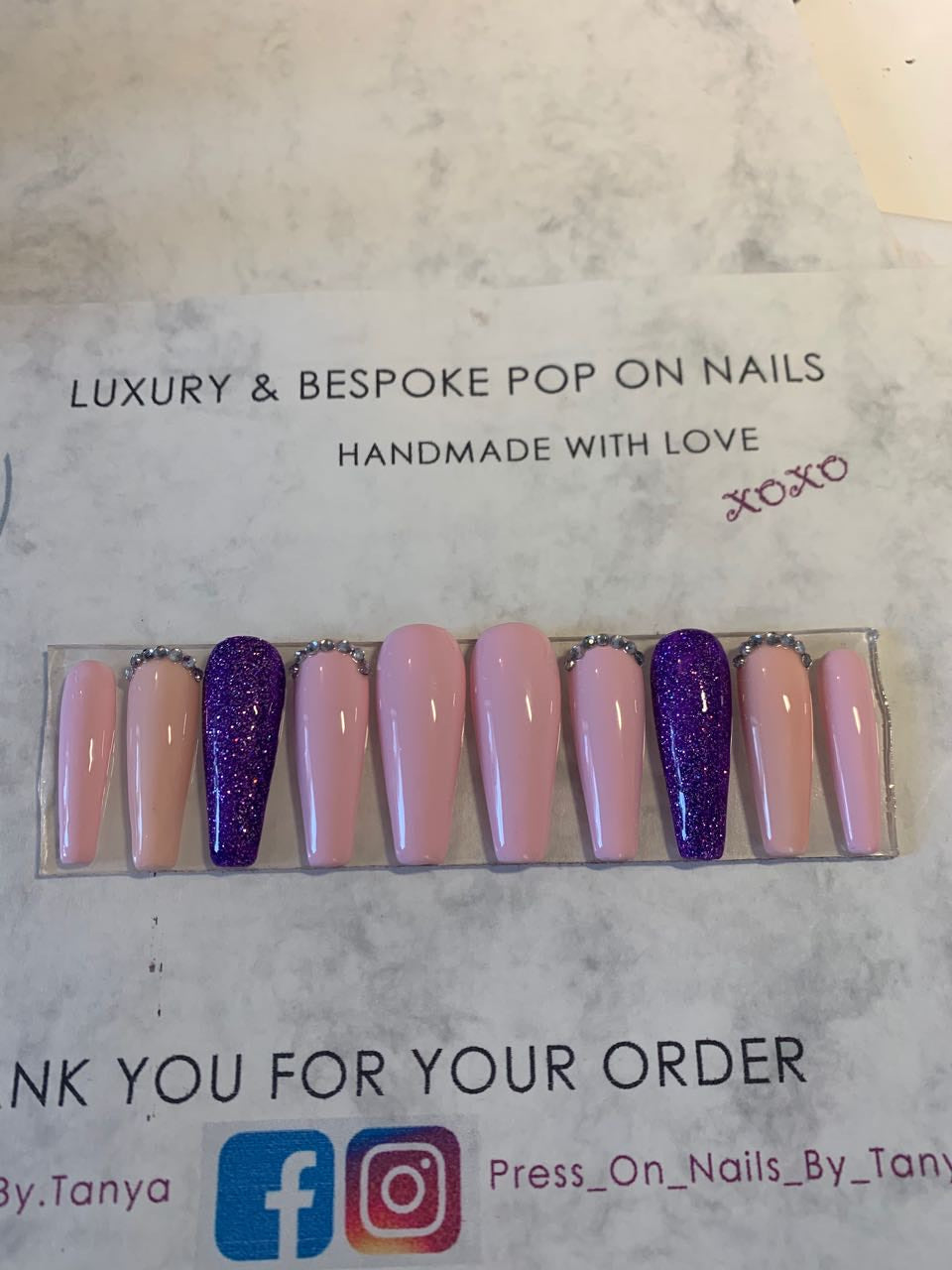 long coffin   press on gel nails   pink purple