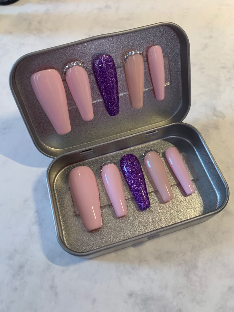 long coffin   press on gel nails   pink purple
