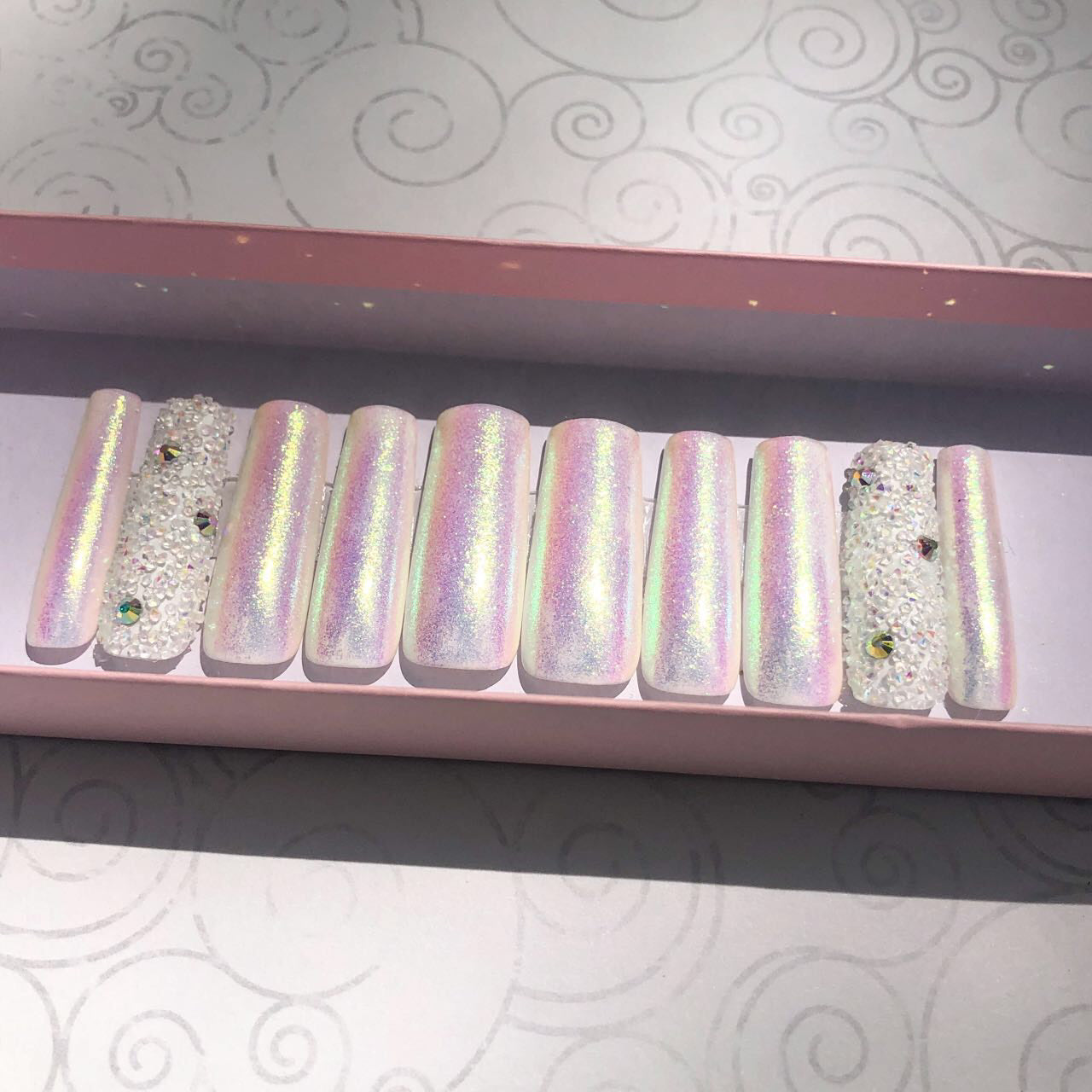 White Holographic Nails With Bling Accent Nail