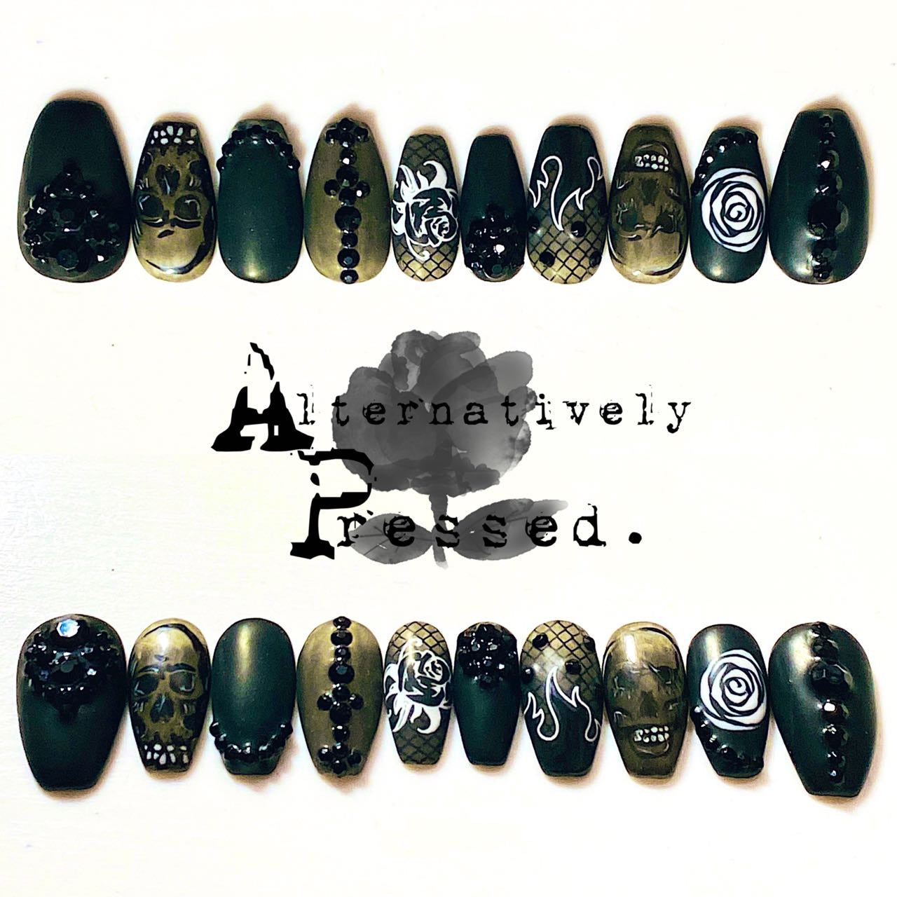 Skulls & Roses custom press on nail set - Acrygel