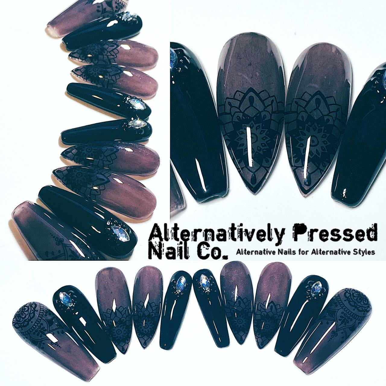Black Glass Mandala custom press on nail set - Acrygel