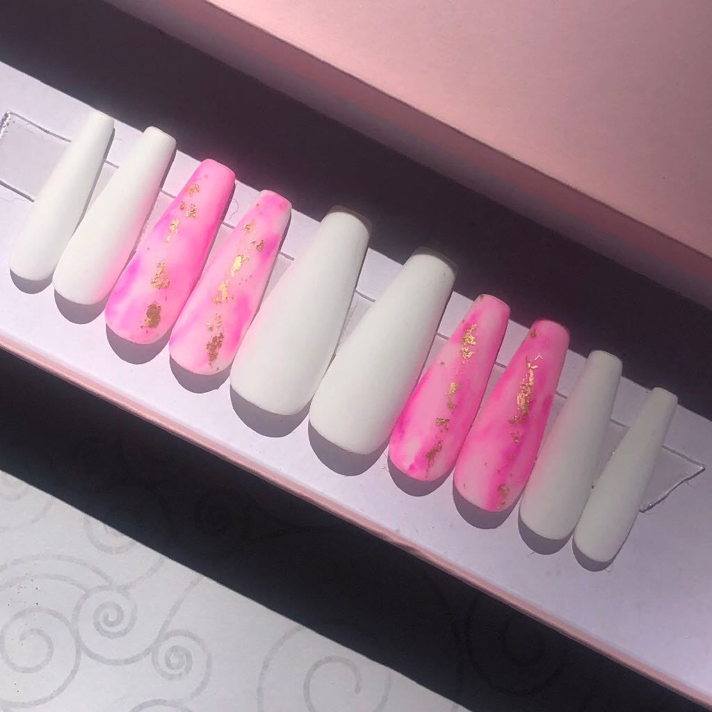 White Matte Nails With Pink Marble & Gold Flakes