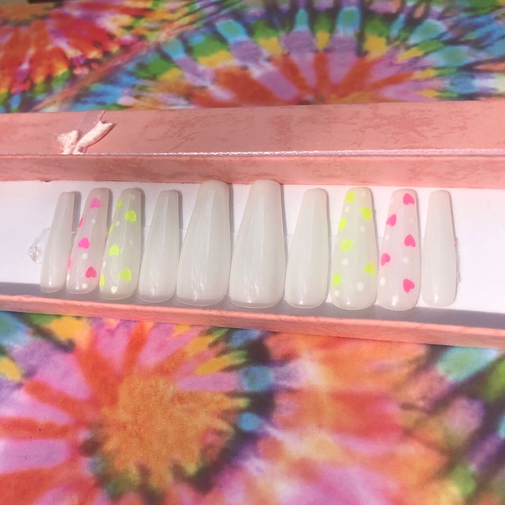 Milky White Nails With Neon Hearts
