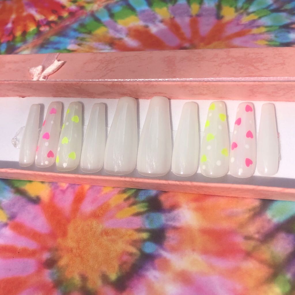 Milky White Nails With Neon Hearts