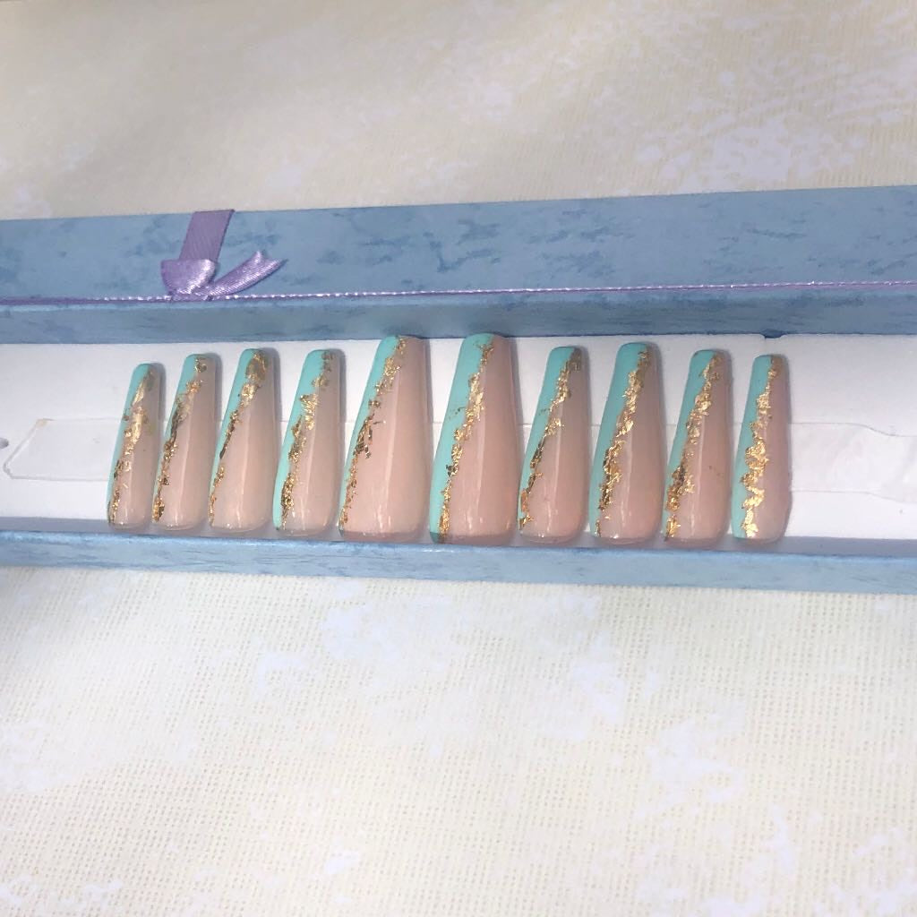 Blue And Gold Flake Nails
