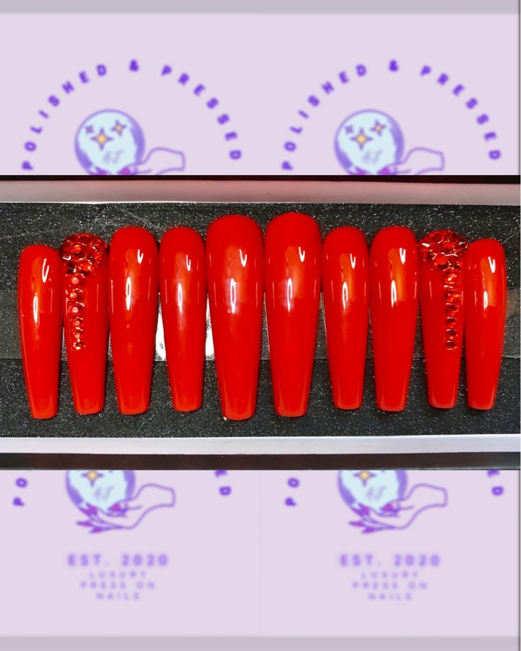 XL coffin red gloss with red rhinestones