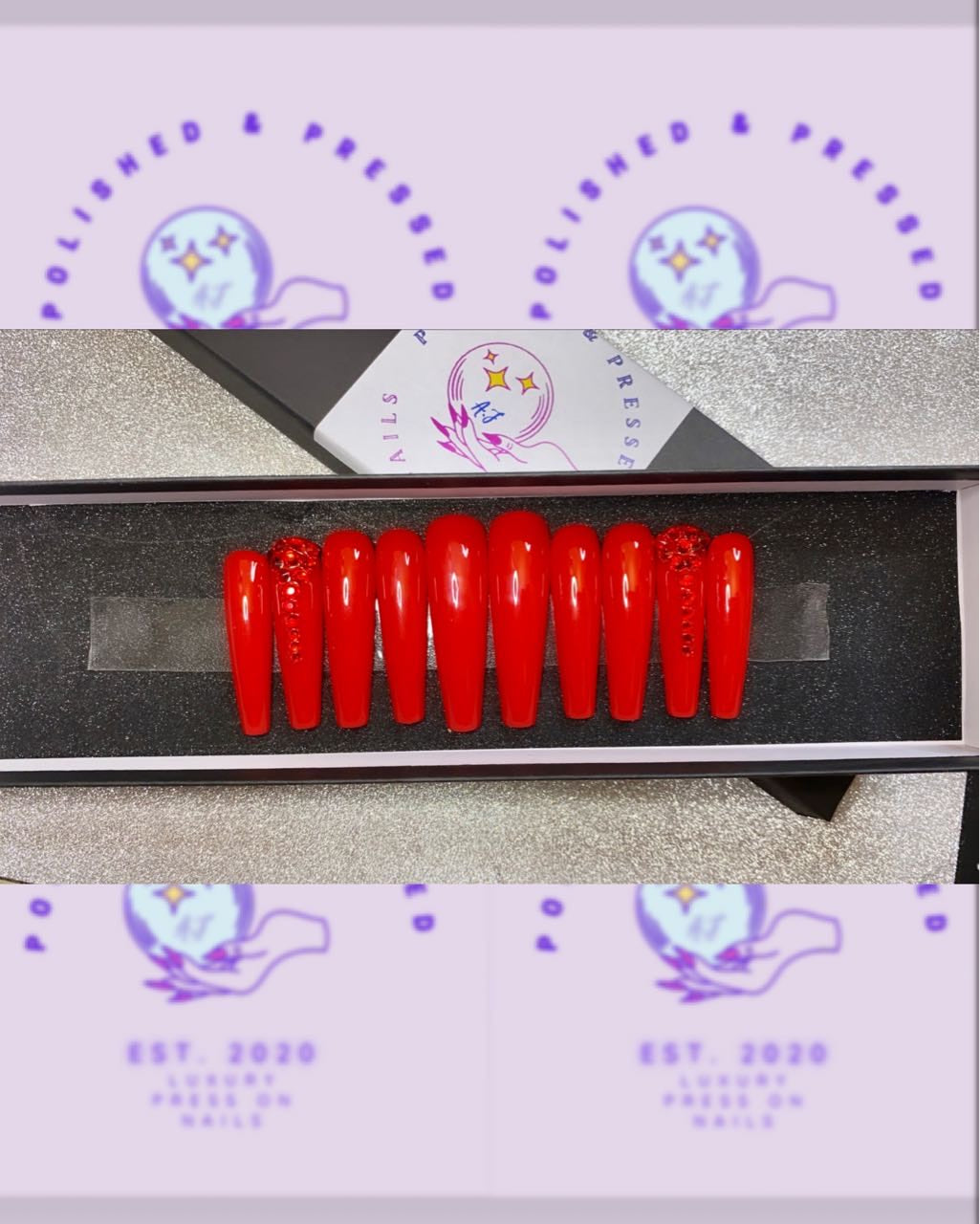 XL coffin red gloss with red rhinestones