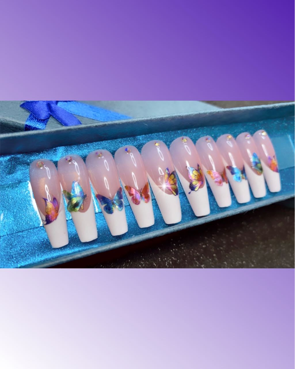 Long coffin white French tip with butterflies