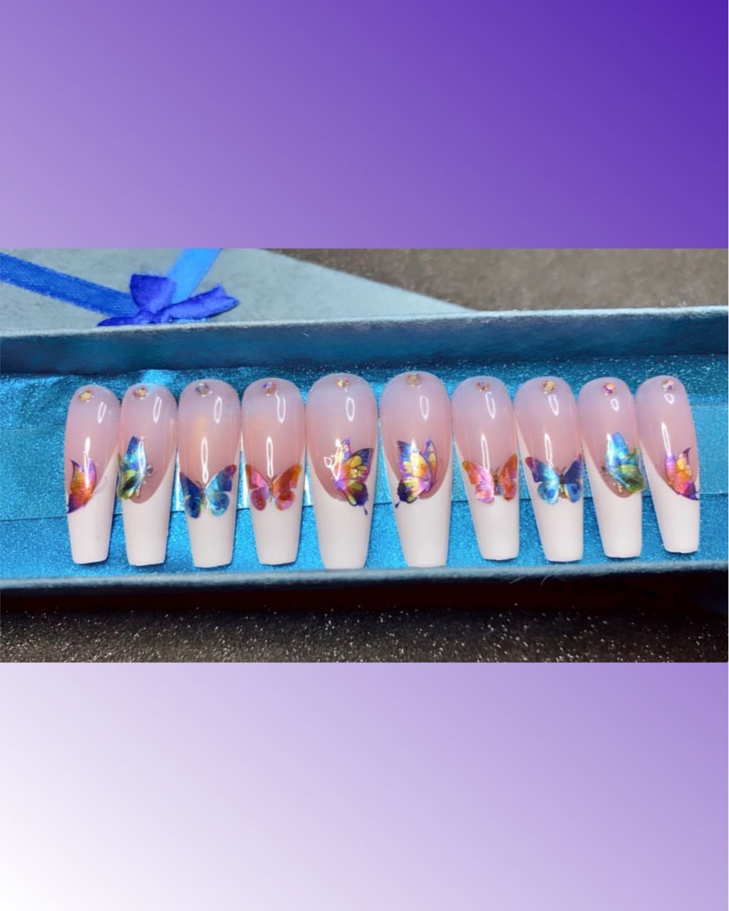 Long coffin white French tip with butterflies