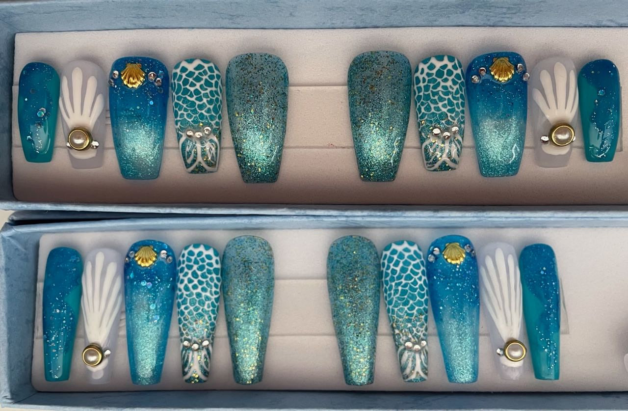 Summer Mermaid Inspired Press On Nails | Fake Nails | Glue On Nails | Stick On Nails