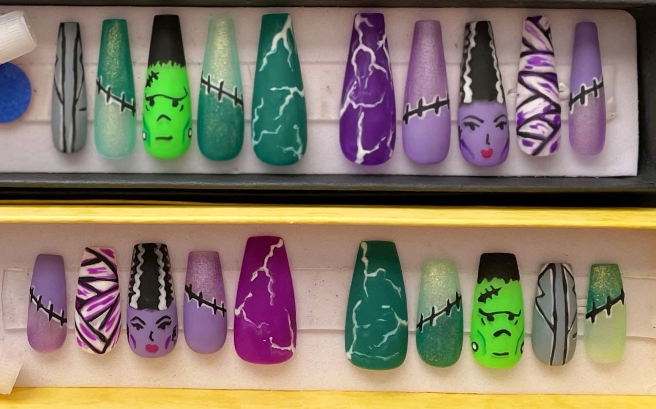 Frankenstein and Bride Matte Press On Nails | Halloween | Fake Nails | Glue On Nails | Stick On Nails