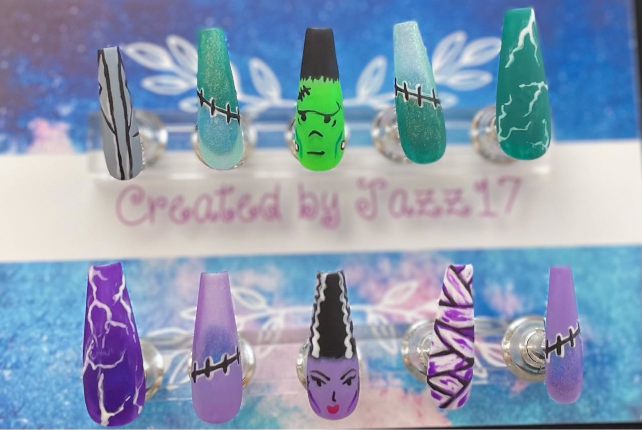 Frankenstein and Bride Matte Press On Nails | Halloween | Fake Nails | Glue On Nails | Stick On Nails