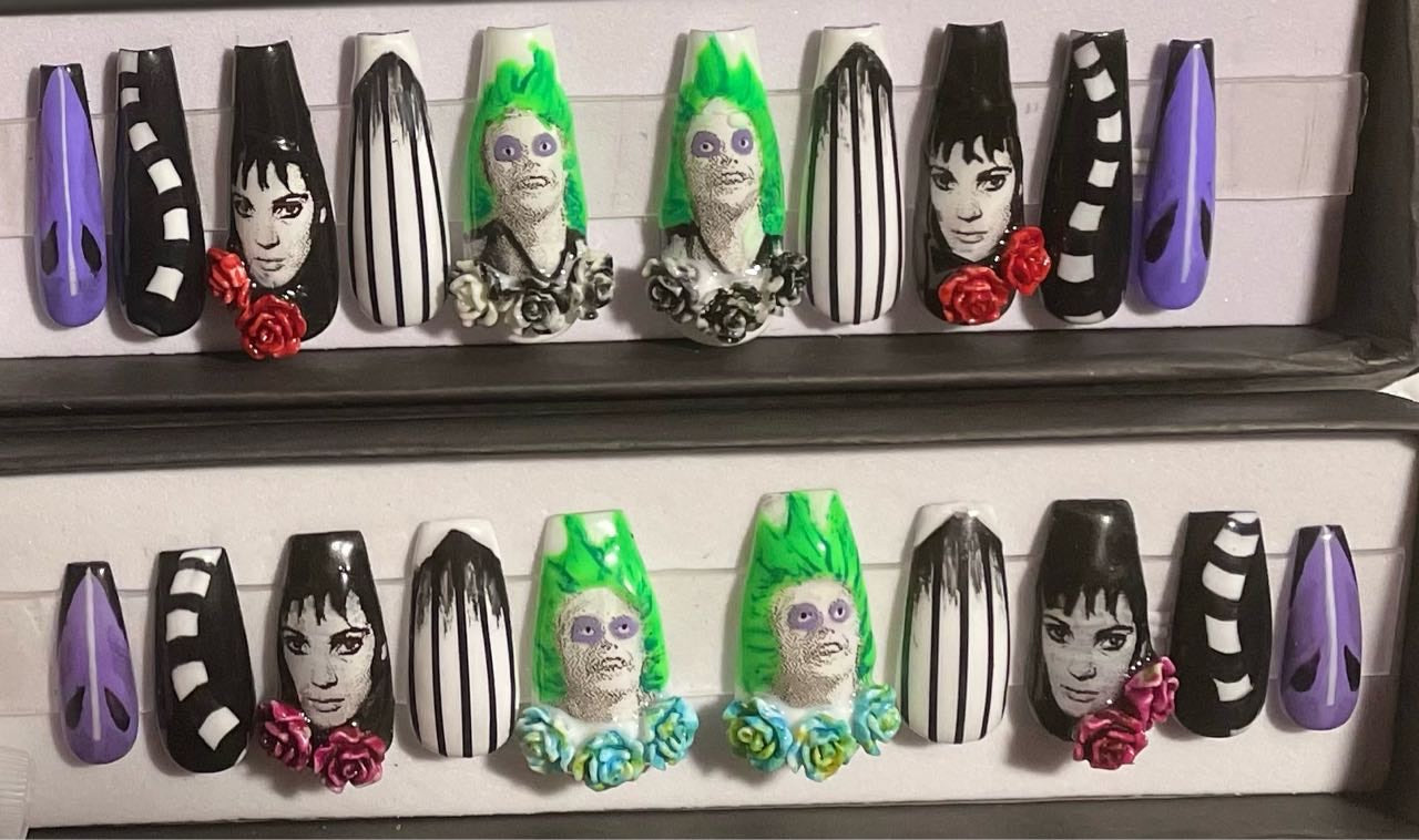 Beetlejuice Press On Nails | Halloween | Fake Nails | Glue On Nails | Stick On Nails