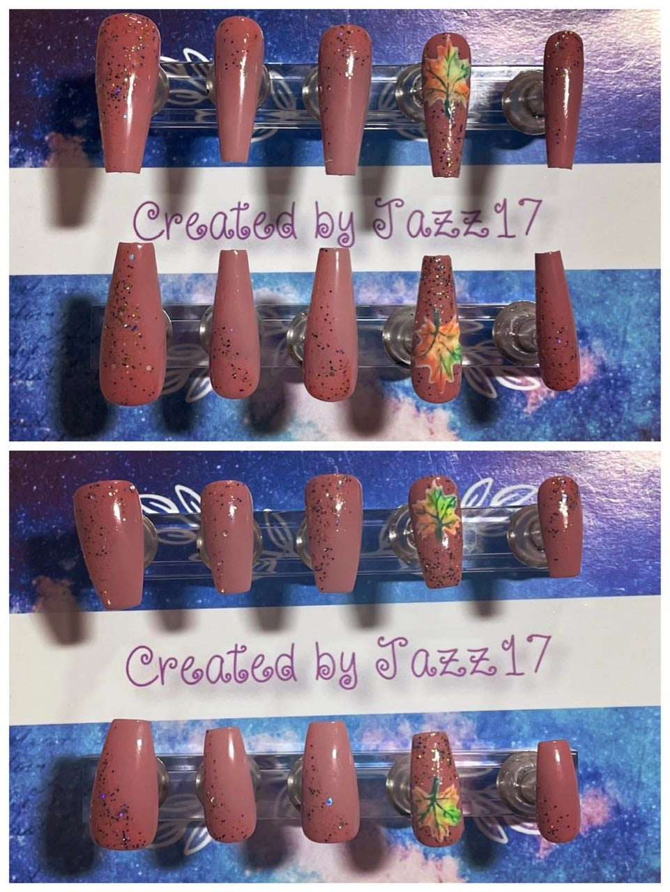 Nude Glittery with Maple Leaf Accent Press On Nails | Fake Nails | Glue On Nails | Stick On Nails